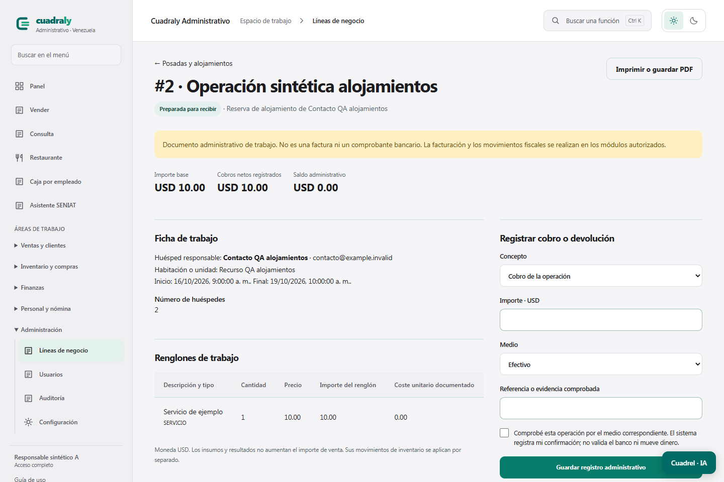 Herramientas de Cuadraly para posada, hotel o alojamiento, en el entorno de demostración