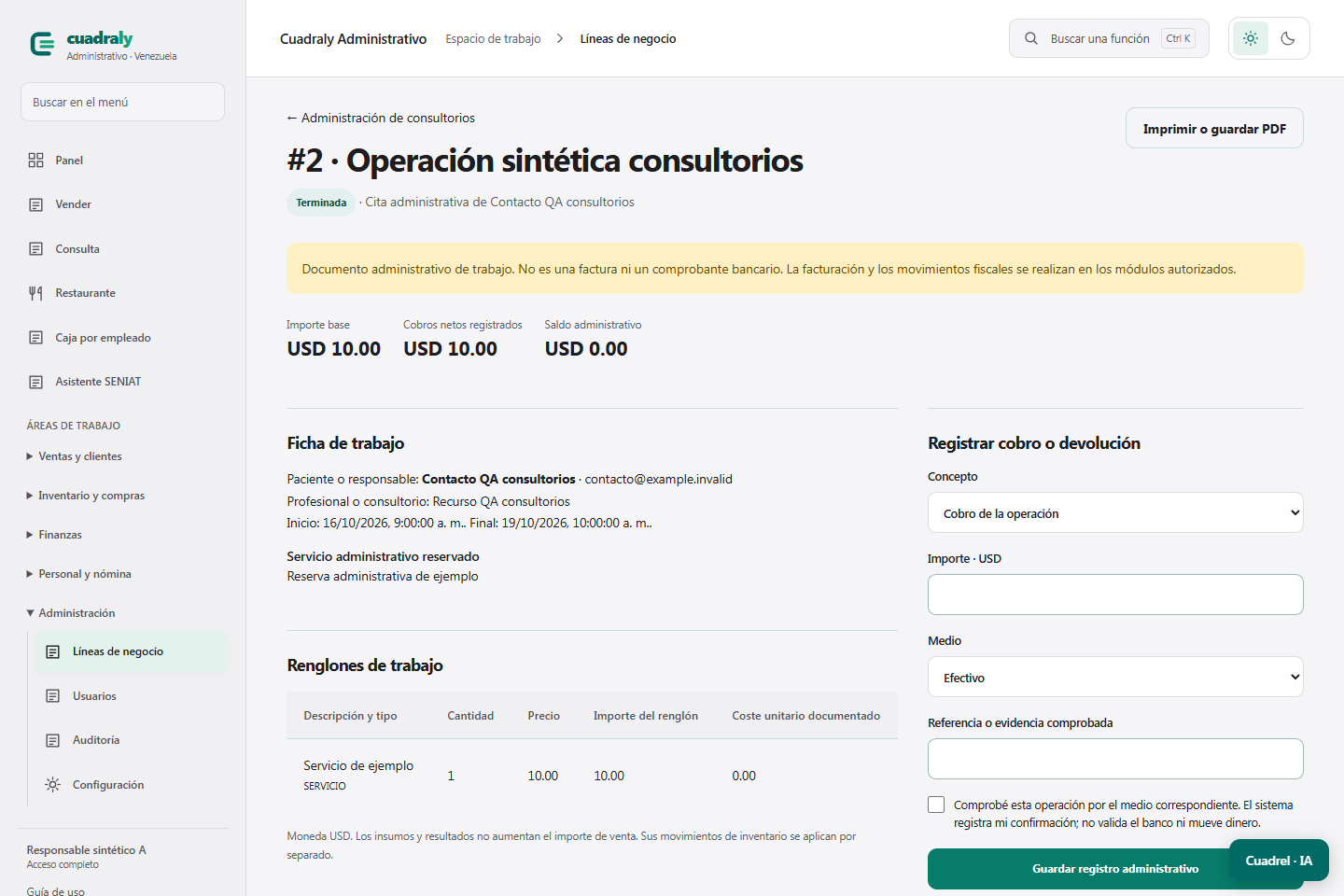 Ficha de trabajo de Administración de consultorios en Cuadraly
