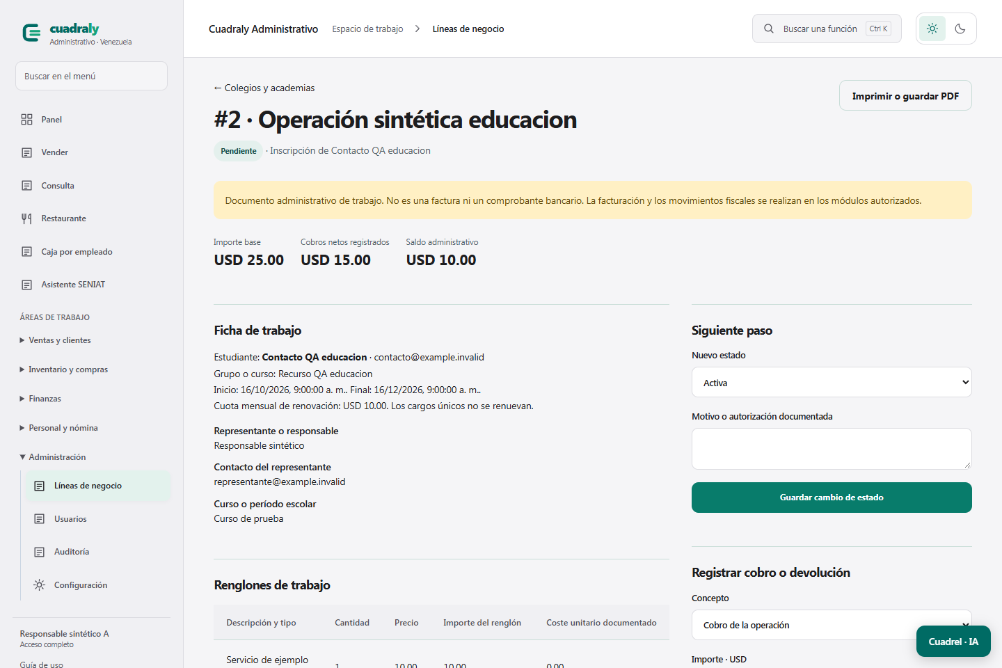 Herramientas de Cuadraly para colegio o academia, en el entorno de demostración