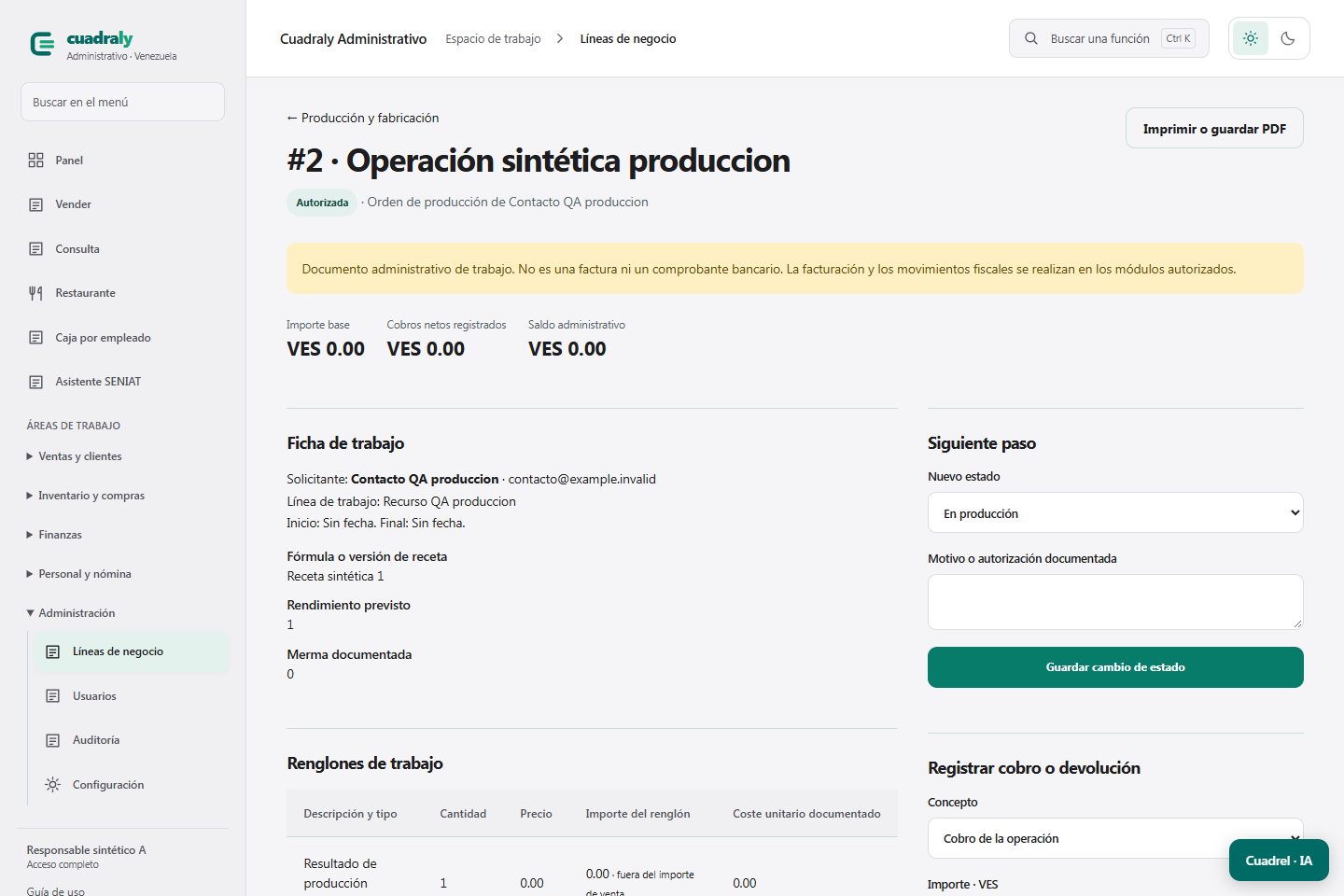Herramientas de Cuadraly para panadería, en el entorno de demostración