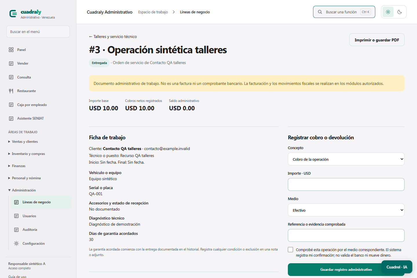 Herramientas de Cuadraly para taller automotriz, en el entorno de demostración