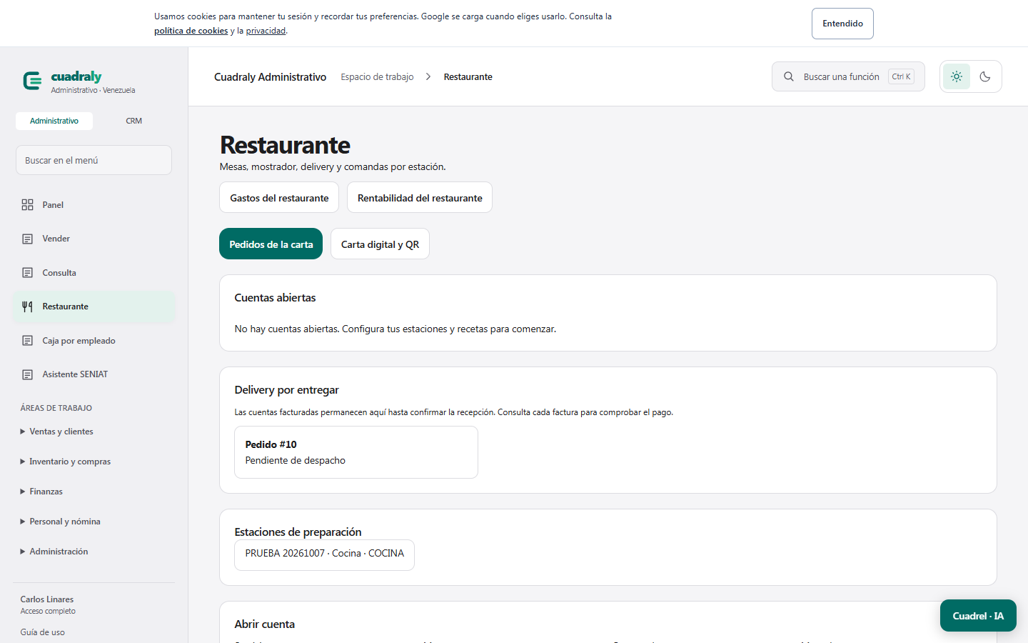 Herramientas de Cuadraly para restaurante, en el entorno de demostración